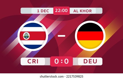 Costa Rica vs Germany Match Design Element. Soccer Championship Competition Infographics. Announcement, Game Score, Scoreboard Template. Vector Illustration