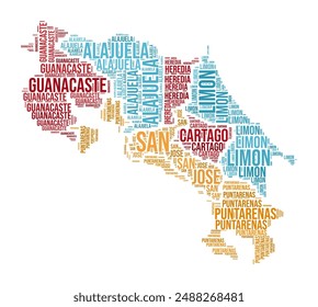 Nube de palabras de Costa Rica. Forma Country con división por regiones. Imagen de estilo tipográfico de Costa Rica. Nubes de etiquetas de nombres de región. Ilustración vectorial.