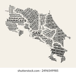 Nube de Palabras de Costa Rica. Country con la división de regiones. Costa Rica texto tipográfico nubes diseño de Imagen de Vector. Imagen de forma de país estilo gaceta de Antiguas. Increíble Ilustración vectorial.