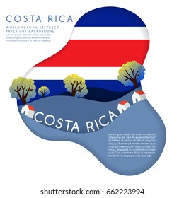Costa Rica : World Flag in paper cut shapes with trees and mountains in the layers : Vector Illustration