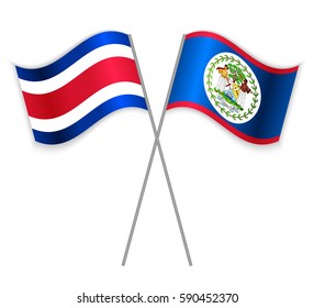 Costa Rican and Belizean crossed flags. Costa Rica combined with Belize isolated on white. Language learning, international business or travel concept.