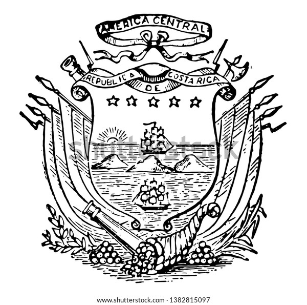Costa\
Rican Coat of Arms are divide two oceans where ships are sailing,\
vintage line drawing or engraving\
illustration.