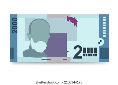 Costa Rican Colon Vector Illustration. Costa Rica money set bundle banknotes. Paper money 2000 CRC. Flat style. Isolated on white background. Simple minimal design.