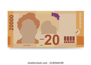 Costa Rican Colon Vector Illustration. Costa Rica money set bundle banknotes. Paper money 20000 CRC. Flat style. Isolated on white background. Simple minimal design.