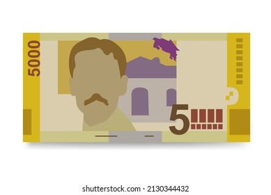 Costa Rican Colon Vector Illustration. Costa Rica money set bundle banknotes. Paper money 5000 CRC. Flat style. Isolated on white background. Simple minimal design.