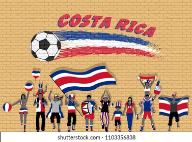 Costa Rican football fans cheering with Costa Rica flag colors in front of soccer ball graffiti. All the objects are in different layers and the text types do not need any font. 