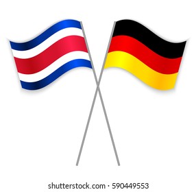 Costa Rican and German crossed flags. Costa Rica combined with Germany isolated on white. Language learning, international business or travel concept.