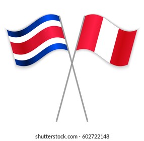 Costa Rican and Peruvian crossed flags. Costa Rica combined with Peru isolated on white. Language learning, international business or travel concept.