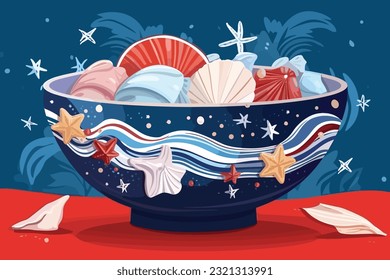 Costal seashell decorative bowl. 4th July concept. Vector art illustration.