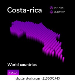 Costa-rica 3D map. Stylized neon simple digital isometric striped vector Costa-rica map is in violet colors on black background