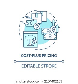 Cost-plus pricing turquoise concept icon. Adding profit percentage abstract idea thin line illustration. Isolated outline drawing. Editable stroke. Roboto-Medium, Myriad Pro-Bold fonts used