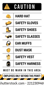 Costruction site safety poster vector design. Ppe icons. Prohibit sign at construction site. safety signage board.