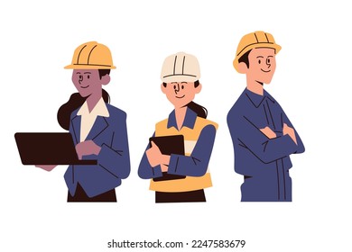 Trabajadores de la construcción Equipo Técnico industrial Carácter ingeniero con casco seguro Equipo de trabajo Vector plano Ilustración