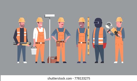 Costruction Workers Team Industrial Technicians Mix Race Men Builders Group Flat Vector Illustration