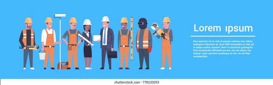 Costruction Workers Team Industrial Technicians Mix Race Man And Woman Builders Group Horizontal Banner Flat Vector Illustration