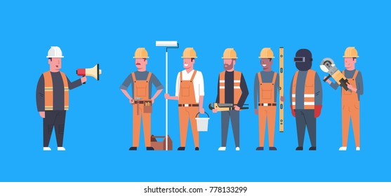 Costruction Workers Team Industrial Technicians Mix Race Man And Woman Builders Group Flat Vector Illustration