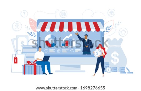 Costs and Expenses Calculation, Economy and Audit. Financial Balance, Accounting, Shopping. Online Shop Market Efficiency Monitoring and Research. Man Woman with Laptop and Money. Leader on Screen