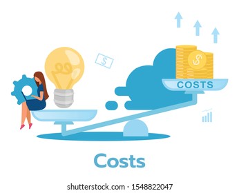 Costs flat vector illustration. Payments. Company expences. Corporate expenditure. Resource optimization. Business model. Organization maintenance. Isolated cartoon character on white