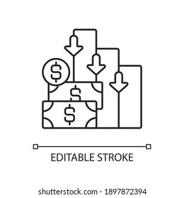 Costa un icono lineal. Se necesitaba dinero para pagar el producto. Valor del dinero que se ha agotado. Ilustración personalizable de línea delgada. Símbolo de contorno. Dibujo de contorno aislado del vector. Trazo editable