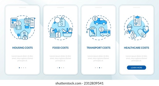 Costs of living blue onboarding mobile app screen. Personal finance walkthrough 4 steps editable graphic instructions with linear concepts. UI, UX, GUI template. Myriad Pro-Bold, Regular fonts used