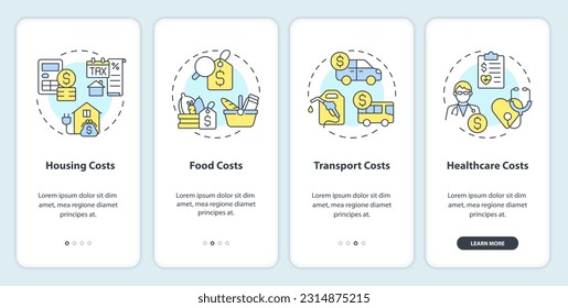 Costo de vida en la pantalla de aplicaciones móviles. Recorrido del presupuesto del hogar 4 pasos instrucciones gráficas editables con conceptos lineales. UI, UX, plantilla GUI. Multitud de tipos de letra Pro-Bold, con uso regular