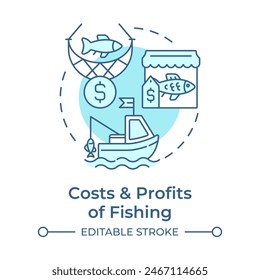 Costs and profits of fishing soft blue concept icon. Fisheries management, sustainability. Round shape line illustration. Abstract idea. Graphic design. Easy to use in infographic, presentation