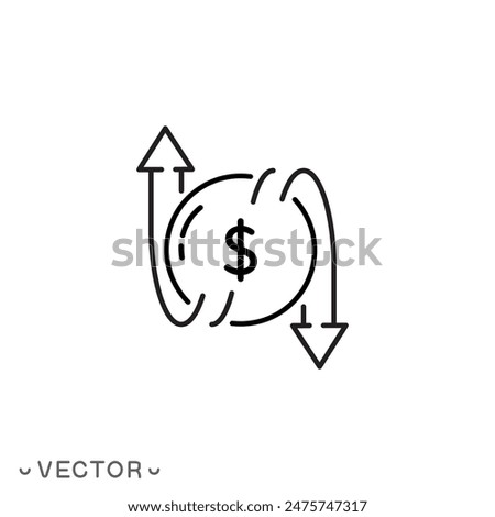 costs reduce or increase icon, risk analysis, benefit dollar concept, arrow save price, salary, thin line symbol isolated on white background, editable stroke eps 10 vector illustration