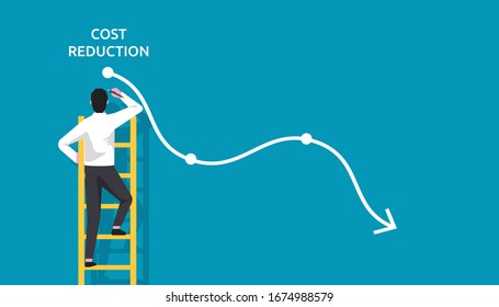 Costs reduction, costs cut, costs optimization business concept. Businessman draw simple graph with descending curve. vector illustration