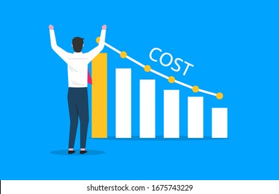 Costs reduction, costs cut, costs optimization business concept. Businessman views graph with descending curve. vector illustration