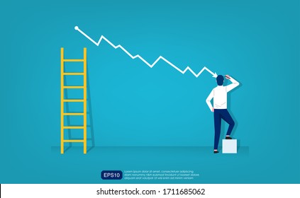 Costs reduction, costs cut, costs optimization business concept. Businessman draw simple graph with descending curve and ladder symbol. vector business illustration