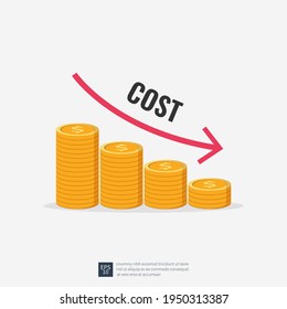 Costs reduction, costs cut, costs optimization business concept. Coin stacks with descending curve or arrow vector illustration.