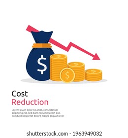 Costs reduction, costs cut, costs optimization business concept. Sack of money and coin stacks symbol with descending curve or arrow vector illustration.