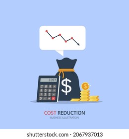 Costs reduction, costs cut, costs optimization business concept. Sack of money, calculator and coins with descending curve or arrow. vector illustration