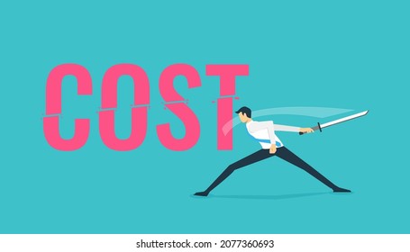 Costs reduction, costs cut, costs optimization business concept. Businessman cutting text cost symbol vector illustration