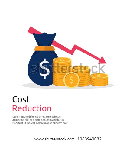 Costs reduction, costs cut, costs optimization business concept. Sack of money and coin stacks symbol with descending curve or arrow vector illustration.