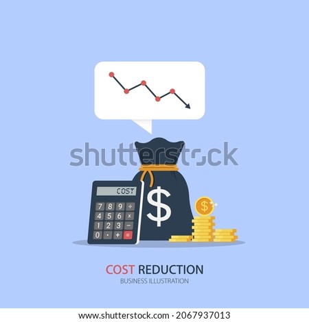Costs reduction, costs cut, costs optimization business concept. Sack of money, calculator and coins with descending curve or arrow. vector illustration