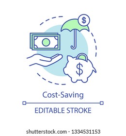 Cost-saving advantage concept icon. Financial protection, piggy bank, money in hand. Insurance. Investment banking idea thin line illustration. Vector isolated outline drawing. Editable stroke