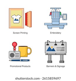 Costum Branding Service, Screen Printing, Embroidery, Promotional Product and Banner Printing flat icon illustration