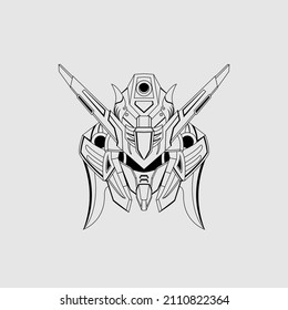Costum robot head t shirt illustration black and white sketch. mecha head logo Mecha Head Illustration