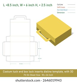 Costum tuck end box lock inserts dieline template, with 3D
