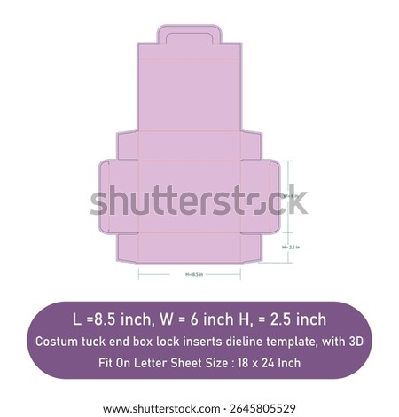 Costum tuck end box lock inserts dieline template, with 3D