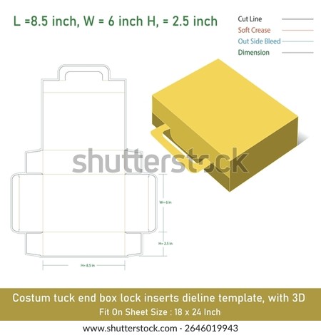 Costum tuck end box lock inserts dieline template, with 3D