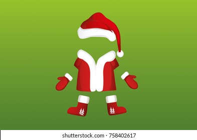 Costume and all Santa Claus clothes with felt boots, gloves and a hat. Vector. Christmas card.