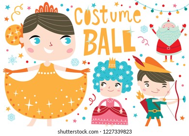 Costume ball invitation. Christmas costume party with Santa. Girls and boys wearing fairytale costumes. White background.