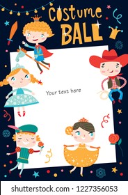 Costume ball invitation. Christmas costume party. Girls and boys wearing fairytale costumes. Dark background.