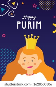 Costume card invitation cute girl with queen Esther costume. costume party. Template card for Purim, Carnival or birthday party.