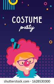 Costume card invitation cute kid with clown costume. costume party. Template card for Purim, Carnival or birthday party.