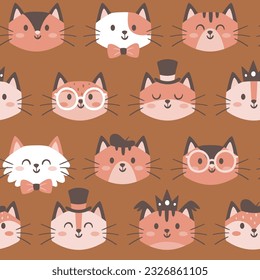 Costume cats seamless pattern. Funny cat faces with accessories like bow ties, hats and glasses. Nursery decoration. Square repeat pattern design. Vector illustration.
