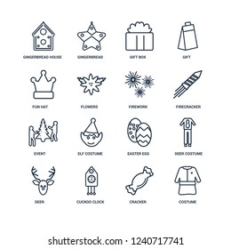 Costume, Cracker, Cuckoo Clock, Deer, Deer Gingerbread house, Fun hat, Event, Firework outline vector icons from 16 set