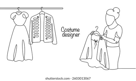 A costume designer selects costumes for theater, film, or television productions. The woman selects costumes based on the style of the era, the characters, and the script to create appropriate outfits